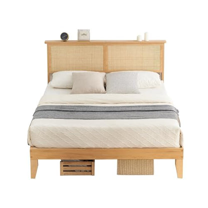 GarveeHome Rattan Bed Frame Queen, Rustic-Chic Bed Frame Queen Size with Natural Rattan Headboard, Queen Bed with Led Lights, Wooden Support Legs and Slats, Noise-Free, No Box Spring Needed - size: Queen