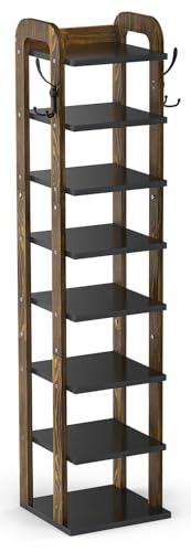 Wooden 8 Tiers Vertical Shoe Rack | Shoe Storage with Hooks, Shoe Organizer for Small Spaces, Space Saving for Entryway, Closet, Living Room, Bedroom, Front Door