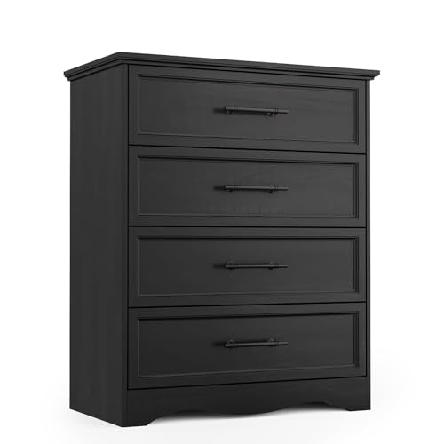 YANSNWO Black 4 Drawer Dresser for Bedroom, 36" Tall Chest of Drawers | Brushed Metal Handles, Unique Base Design, Replicated Wood Grain Finish, Modern Farmhouse for Bedroom/Living Room/Hallway - color: Black, size: 15.7"D x 29.5"W x 35.8"H (4 Drawers)