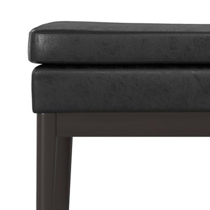 SIMPLIHOME Carlson 45" Wide Vegan Leather Rectangle Ottoman in Black | Distressed black, mid-century modern ottoman bench with a padded seat for bedroom or living room; footstool, footrest. - color: Distressed Black, style: Ottoman Bench
