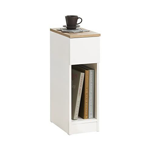 SoBuy Nightstand Narrow Night Stand Modern Design Bedside Furniture Slim End Table Storage Cabinet with Sliding Drawer and Open Compartment, White & Natural FBT111-WN | Slim Dorm Bedsid Table with Open Compartment, White & Natural FBT111-WN - color: White