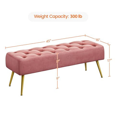 Yaheetech 45in Upholstered Velvet Ottoman Bench Seat with Gold Legs, Pink | Tufted Upholstered Bench Seat, Bed Bench with Tapered Gold Metal Legs, Sized for Window Seat Entryway Living Room - color: Pink