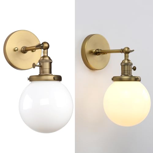 Hardwired Wall Sconce with White Globe, Brass Bathroom Vanity Light with On Off Switch, Vintage Wall Light Fixtures for Living Room Loft Hallway
