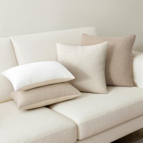 Topfinel Neutral Cream Contrast Color Boucle Pillow Cover Set of 4 Complete Sofa Layering Set Modern Farmhouse & Neutral Chair Sofa Couch Bedding Room Decor (12"x20"x2,18"x18",20"x20") - color: Neutral, size: 20" x 12" (Pack of 4)