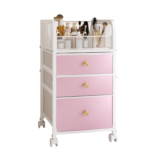 Rolling Makeup Vanity Cart Makeup Organizer with Drawers for Girls | Vanity Cart Bathroom Storage Cart Cosmetic Vanity Display Cases Holder for Nail Polish Brush Hair Tool - color: Pink