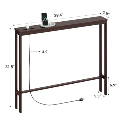 ELYKEN Bamboo Narrow Console Table, 5.9'' Slim Sofa Table Behind Couch | Slim Skinny Hallway Table with Charging Station for Entryway, Living Room, Foyer, Entrance, 5.9 x 39.4 x 31.5in, Brown - color: Brown, size: 5.9"D x 39.4"W x 31.5"H