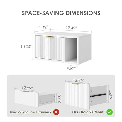 Masupu Floating Nightstand, Wall Mounted Floating Bedside Table with Storage Drawer and Open Shelf, Modern Bedroom Nightstand, 19.3" x 11.4" x 10", White - color: White