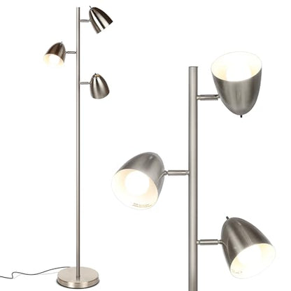 Brightech Jacob LED Standing Lamp, Modern Bright Floor Lamps for Living Rooms & Bedrooms, Tall LED Lighting Lamp with Adjustable 3 Light Tree – Satin Nickel - color: Nickel