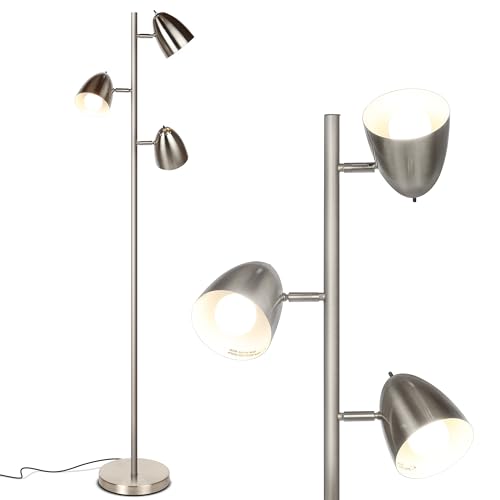 Brightech Jacob LED Standing Lamp, Modern Bright Floor Lamps for Living Rooms & Bedrooms, Tall LED Lighting Lamp with Adjustable 3 Light Tree – Satin Nickel - color: Nickel