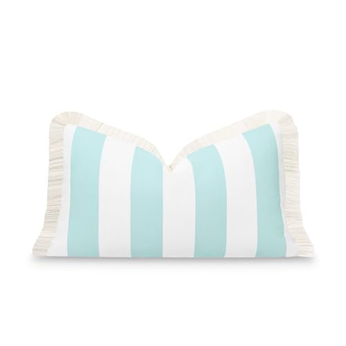 Hofdeco Premium Fall Coastal Patio Indoor Outdoor Lumbar Pillow Cover Only, 12"x20" Water Repellent for Backyard, Couch, Muted Aqua Stripe Fringe - color: Muted Aqua Stripe 12"x20"
