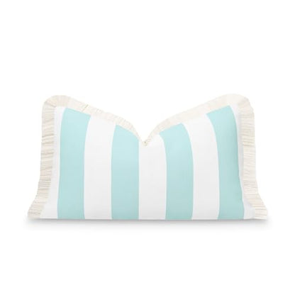 Hofdeco Premium Fall Coastal Patio Indoor Outdoor Lumbar Pillow Cover Only, 12"x20" Water Repellent for Backyard, Couch, Muted Aqua Stripe Fringe - color: Muted Aqua Stripe 12"x20"