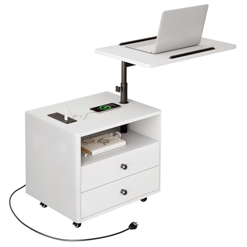 Bedroom Nightstand with Drawers & Charging Station, Adjustable Height Bedside Table with Wheels, Wooden Small Sofa Side Tables with Storage for Living Room, White - color: [A3] White