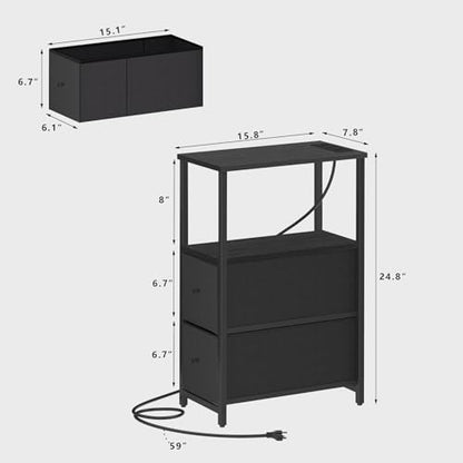 TUTOTAK Narrow End Table with Charging Station, Skinny Side Table | Bedside Table with Outlets, Nightstand with 2 Cloth Drawers, Couch Table for Living Room, Bedroom, Black TB01BK055 - color: Black, style: 2 Drawers & Plug