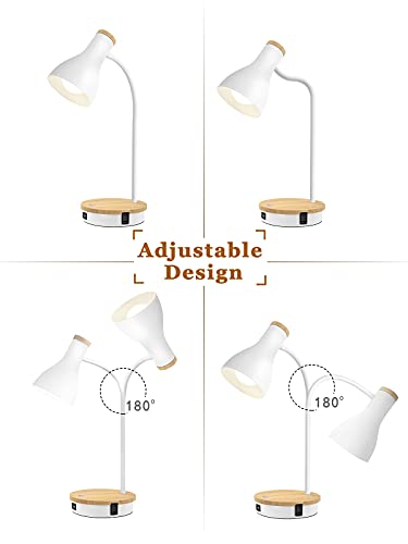 LALISU Metal Desk Lamp Wireless Charging Table Lamp Touch Reading Lights Arc Desk Lamps for Bedroom, 3 Way Dimmable Bedside Lamp with USB Charging Ports Lamp for Study Room and Office (White) - color: White
