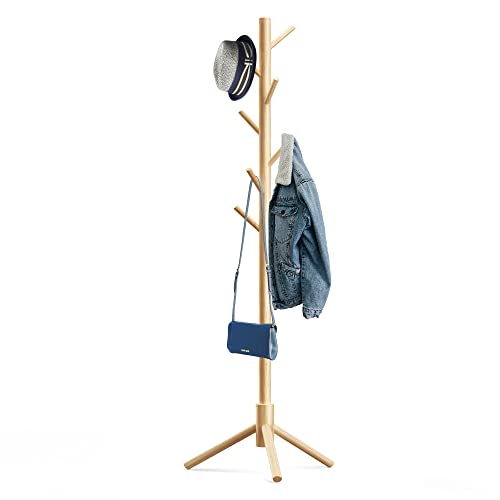 Hupmad Wooden Tree Coat Rack Stand,Sturdy Freestanding Coat Rack with 8 Hooks,3 Adjustable Height for Child Adult,Wood Coat Stand Tree Fits Entryway Bedroom Office for Bags,Hats - color: Natural, size: 1 PC