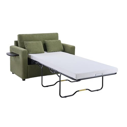 Twin Sofa Bed 47.2" Sleeper Loveseat with USB Ports, Green | Space-saving guest room furniture, compact footprint, built-in charging, handy side pocket, easy pull-out design - color: Green