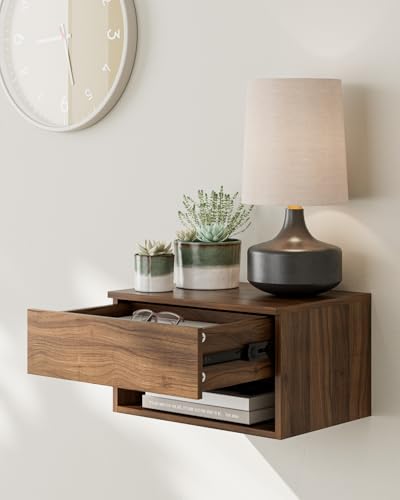 Modern Walnut Floating Nightstand with Drawer, Small Wall Mount Shelves | Small Space Saver, Modern Minimalist Design, Wall Mounted Shelves, for Bedroom, Bathroom, Living room, Easy Assembly, Walnut - color: Brown Walnut
