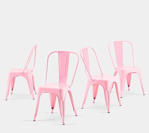 Metal Dining Chairs Set of 4 Fairy Pink Color | Pink 18inch Seat Height Kitchen Stackable Chairs for Farmhouse Bistro Patio Dining Room Outdoor - color: Fairy Pink