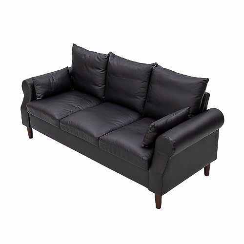 Panana 3 Seater Sofas Rolled Arms Design Couch Solid Wood Legs Settee for Living Room (Black Leathaire, 3 Seater) - color: Black Leather Look Fabric, size: 3 seater