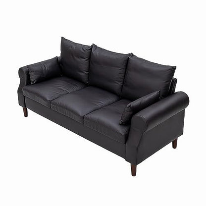 Panana 3 Seater Sofas Rolled Arms Design Couch Solid Wood Legs Settee for Living Room (Black Leathaire, 3 Seater) - color: Black Leather Look Fabric, size: 3 seater