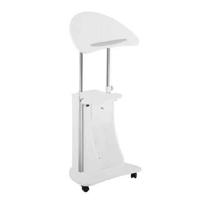 Techni Mobili Adjustable Height Rolling Laptop Cart with Storage, White | Adjustable height rolling laptop cart with storage, open shelf, wheels, sit‑to‑stand ideal for podium office medical use - color: White