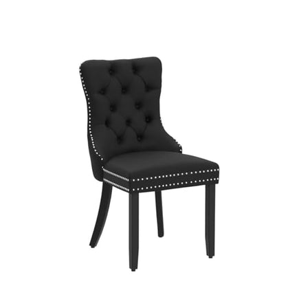 Black Velvet Dining Chairs Set of 2, Tufted Kitchen & Dining Room Chairs | Two Fabric Tufted Dinning Chairs, Velvet Upholstered, Wing Back, Metal Pull Ring, Wood Frame, Mid Century Modern - color: B-1 Black Velvet, Wood Legs, size: 2