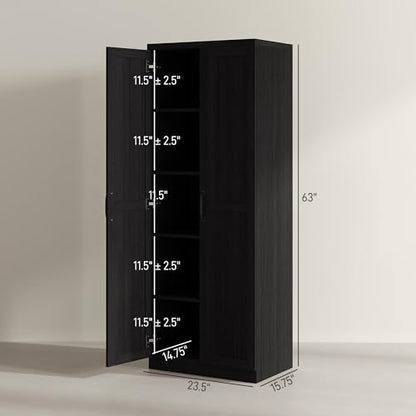 HOMCOM 63" 2-Door Kitchen Pantry 5-Tier Black Wood Grain | Freestanding Storage Cabinet, Shelving, 2 Adjustable Shelves, for Dining Room - color: Black