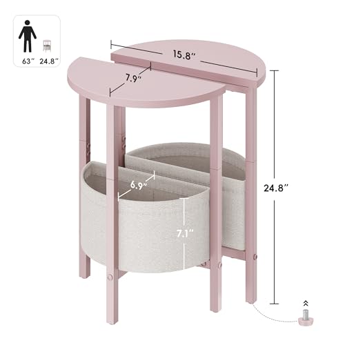 Small Round Side Table, Accent End Table with Storage Basket, Set of 2 Half Round Coffee Table End Table, Half Moon Bedside Table, Modern Nightstand Couch Table for Living Room Bedroom, Pink - color: Pink