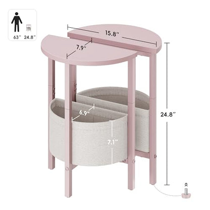 Small Round Side Table, Accent End Table with Storage Basket, Set of 2 Half Round Coffee Table End Table, Half Moon Bedside Table, Modern Nightstand Couch Table for Living Room Bedroom, Pink - color: Pink