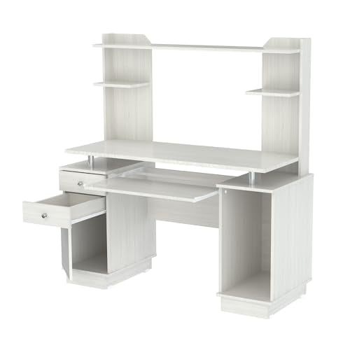 Inval America Computer Work Center with Hutch, Pull-Out Keyboard Tray, Drawers, Desk Workstation, 53.5"H x 48.62"W x 19.5"D, Washed Oak