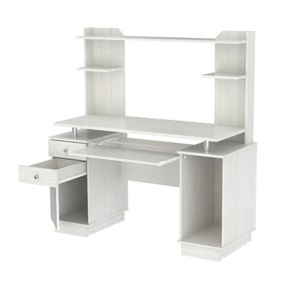 Inval America Computer Work Center with Hutch, Pull-Out Keyboard Tray, Drawers, Desk Workstation, 53.5"H x 48.62"W x 19.5"D, Washed Oak