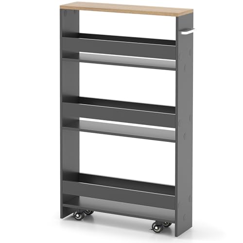 MAT EXPERT Slim Rolling Storage Cart, 4-Tier Freestanding Slim Storage Cart with Wheels 360 Degree & Metal Handle, Wooden Utility Cart for Narrow Kitchen, Laundry Room, Bathroom (Grey + Natural) - color: Grey + Natural