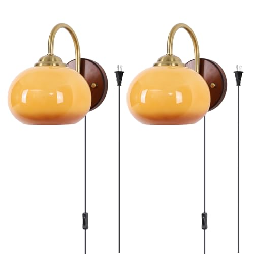 KCO Lighting Plug in Wall Sconces Set of 2 Vintage Gold Wall Sconce Glass Globe Bedroom Wall Sconces Set of Two Plug in Mid Century Modern Bathroom Wall Light - color: Orange-2PC