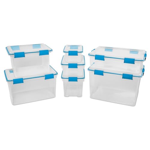 Sterilite Gasket Storage Box with Lids for Home & Office, 54 Quart, 8-Pack | Heavy-Duty, Stackable, and Organizing Containers for Bathroom, Cabinet, Closet, and Garage, Clear and Blue Aquarium Latches - size: 54 Quart, style: 8 Pack