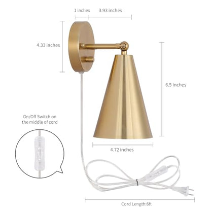 MWZ Gold Wall Sconces Set of Two Plug in,Brass Modern Dimmable Sconces Adjustable Angle Lights with Metal Shade and Dimmer On/Off Rotary Switch, Wall Mounted Light for Bedroom Bedside Stairway - color: Gold-Plug in