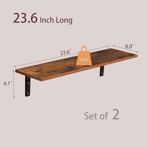 Long Wall Shelves, 23.6Inch Wooden Wall Mounted Shelves, Set of 2 | Floating Book Shelf, Easy Assembly Metal Bracket, Max Load 22lbs, Wall Storage Ledges, Bedroom/Bathroom/Kitchen, Rustic Brown - color: Rustic Brown, size: 23.6 Inch