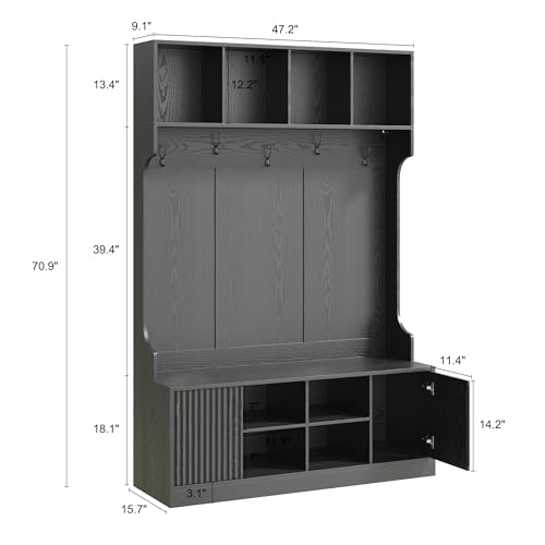 Hall Tree with Bench and Shoe Storage, 5-in-1 Entryway Coat Rack with LED Sensor Light, Hooks and Storage Cubes, Shoe Cabinet with Fluted Door, Modern Hall Tree for Entryway, Living Room - color: Black