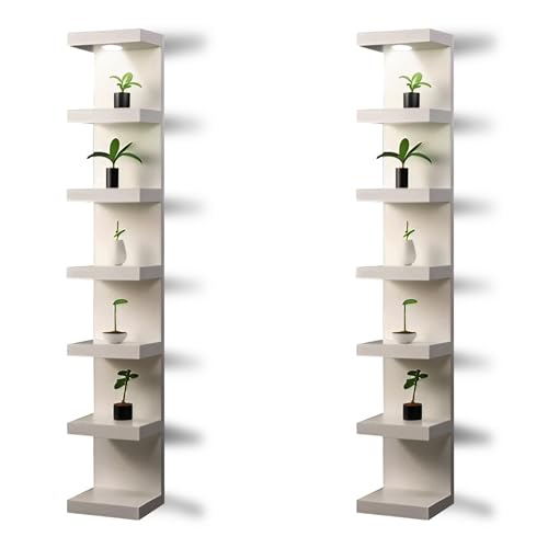 Wall Shelf Unit, 11 3/4x74 3/4,Use Fixing Devices Suitable for The Walls in Your Home, 7 Tier Vertical Lack Wall Shelves, Column Shelf Organizer & Storage for Bedroom(2 x White with LED) - color: 2 X White With Led