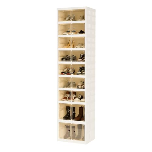 Foldable Shoe Organizer Storage Box, Portable Extra Large Folding Shoe Rack for Closet, Shoe Storage Box with Magnetic Transparent Door and Wheels, 9 Layers 18 Grids with 4 Big Grids - size: White 9 Layers-C