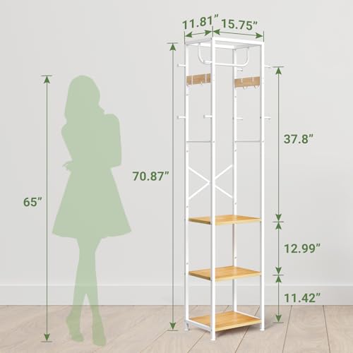 ELYKEN Coat Rack Freestanding, Hall Tree with 3 Shelves and 12 Hooks | Industrial Metal Frame, Space-Saving Design, Clothes Rack Stand Organizer for Bedroom, Hallway, Entryway, Office, Living Room - color: Natural