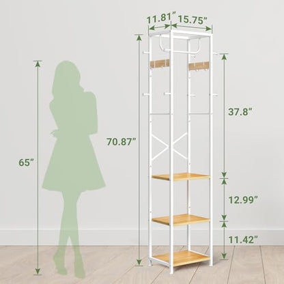 ELYKEN Coat Rack Freestanding, Hall Tree with 3 Shelves and 12 Hooks | Industrial Metal Frame, Space-Saving Design, Clothes Rack Stand Organizer for Bedroom, Hallway, Entryway, Office, Living Room - color: Natural