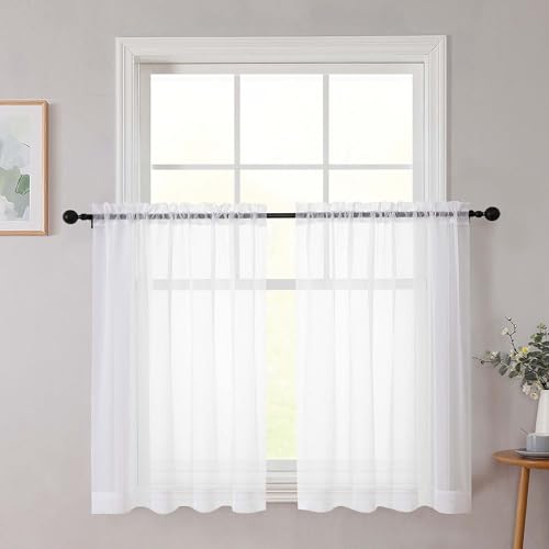 Cafe Curtains 36 Inch Length Tier 2 Pieces, Modern Soft Airy Sheer Kitchen Short Curtains for Small Window, Rod Pocket Small Curtain for Bathroom Basement, White, Each, 42" Wx36 L Inches - color: White, size: 42"W x 36"L (Pack of 2)