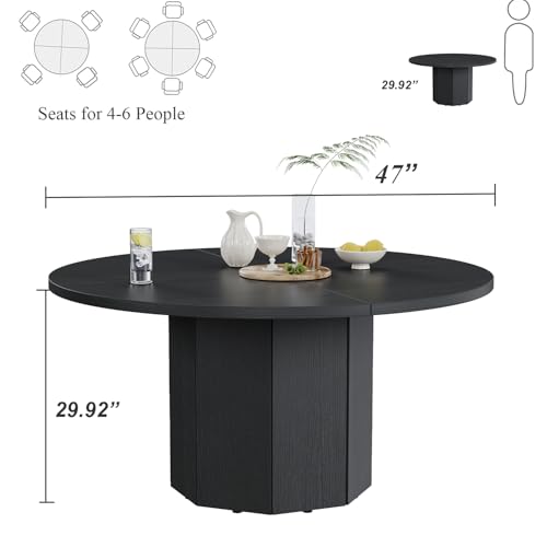 HSH 47 Inch Black Round Dining Table, Modern Wood Table for 4-6 People | Industrial Circle Kitchen Table for Home Living Room, Wood and Metal Dining Room Desk with Octagon Base - color: Black Oak