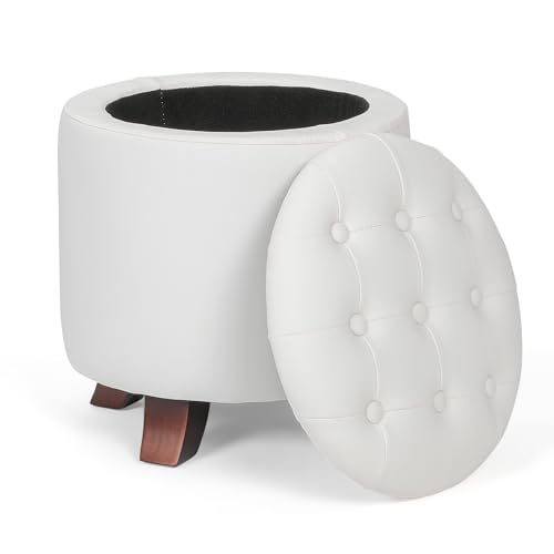 Athena Collection 15 Inch Small Ottoman with Storage, Round PU Leather Storage Ottoman Foot Rest with Removable Lid, Multipurpose Footstool Footrest for Living Room, Bedroom, Dorm, White - color: White, size: 15.5"D x 15.5"W x 17"H