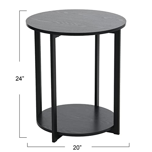 Household Essentials Jamestown Round Side End Table with Storage Shelf, Black Oak Wood Grain and Black Metal Frame - color: Black Oak
