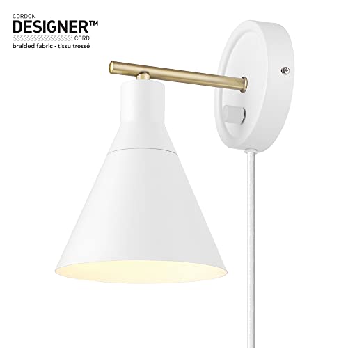 Globe Electric 65542 1-Light Plug-in or Hardwire Wall Sconce, Matte White, Brass Accent, Stepless Dimming Rotary Switch, Fabric Cord, Modern Lighting for Apartment or Renters, Home Decor