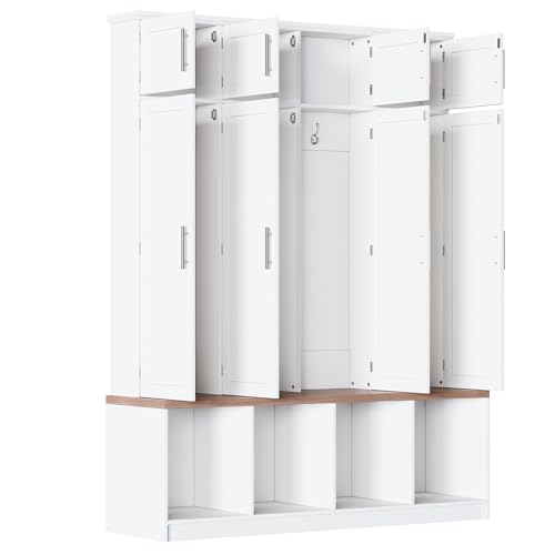 JIVOIT 75" H Farmhouse Hall Tree with Storage, Versatile 4-in-1 Coat Hanger with 4 Hidden Hanging Hooks, 8 Doors, Entryway Shoe Cabinet with Open Compartments for Living Room - color: White//23