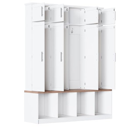 JIVOIT 75" H Farmhouse Hall Tree with Storage, Versatile 4-in-1 Coat Hanger with 4 Hidden Hanging Hooks, 8 Doors, Entryway Shoe Cabinet with Open Compartments for Living Room - color: White//23