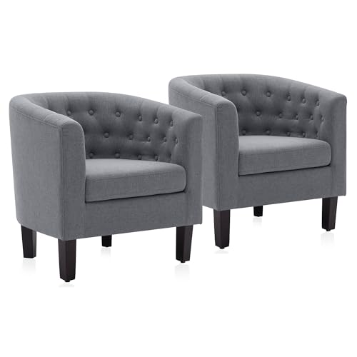 BELLEZE Accent Barrel Arm Chair, Set of 2 Modern Comfy Upholstered Tufted Club Chair with Sturdy Legs and Linen Fabric for Bedroom Living Room - Gray - color: Grey, size: 2 x Linen Chair