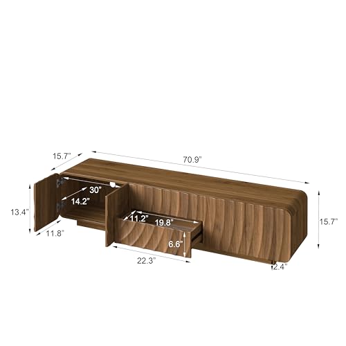 KEIKI 70.9" TV Stand for TVs Up to 79", Modern Entertainment Center with Spiral Wave Cabinet Doors, 2 Drawers and Storage Cabinets, Floor Standing Media Console for Living Room, Walnut - color: Walnut, size: 71"L